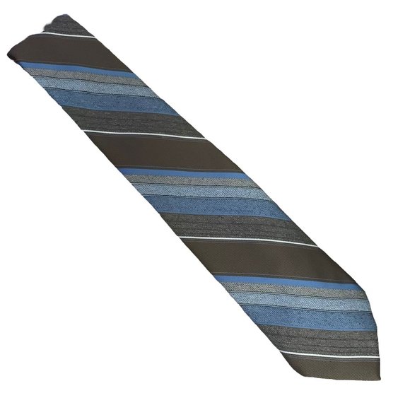 Vintage 80s Mervyns Necktie 3.25 in Brown Blue Striped Silk Blend - Picture 3 of 5